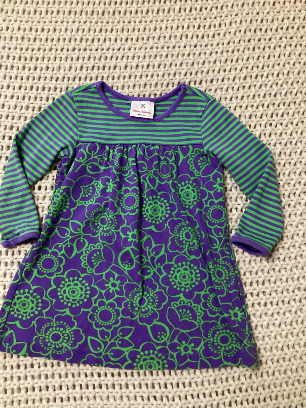 Hanna Andersson Purple & Green Floral Striped Long Sleeve Dress Size 90